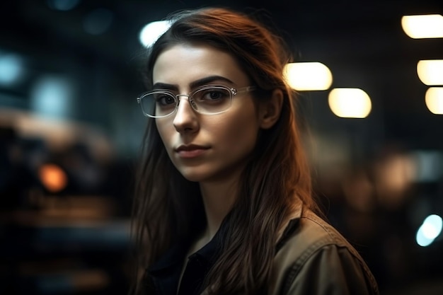 A woman wearing glasses stands in a dark room.