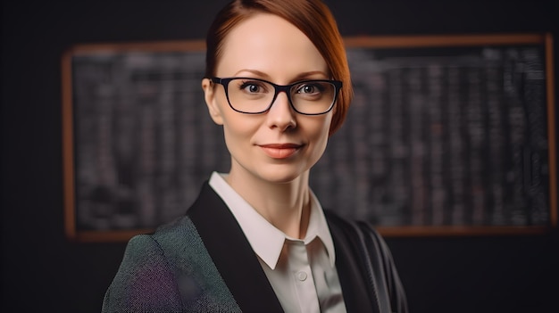 A woman wearing glasses stands in front of a bookcase.