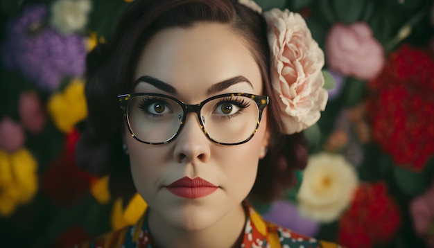 A woman wearing glasses stands in front of a flower backdrop.