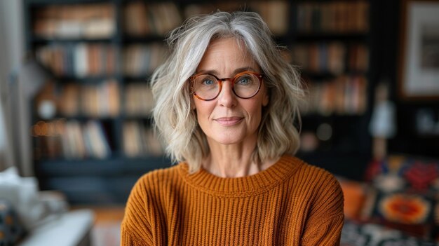 Foto una donna con gli occhiali in piedi davanti a una libreria piena