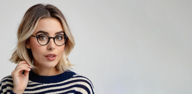a woman wearing glasses and a striped sweater