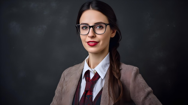 A woman wearing glasses and a suit with a red tie stands in front of a black background.