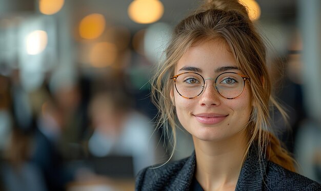 a woman wearing glasses and a sweater smiles at the camera