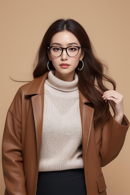 a woman wearing glasses and a sweater with a sweater on the front.