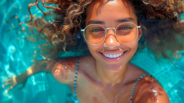 Woman Wearing Glasses Swimming in Pool Generative AI