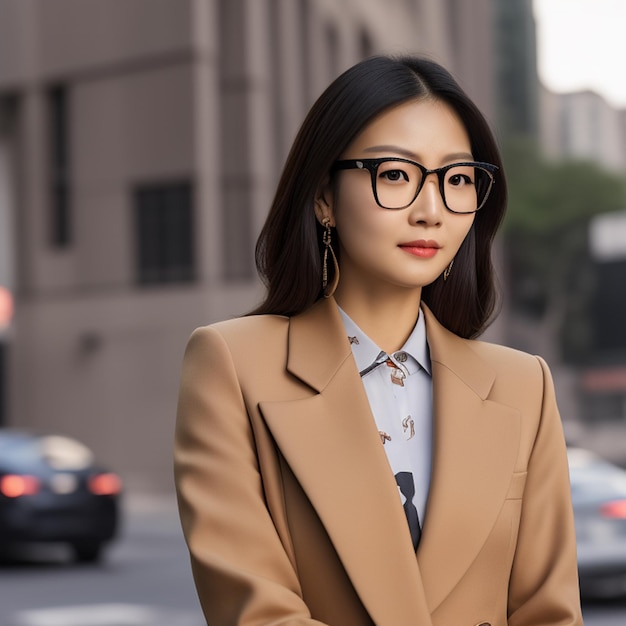 A woman wearing glasses and a tan coat is walking down the street.