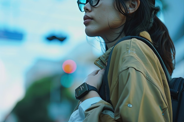 A woman wearing glasses and a tan jacket