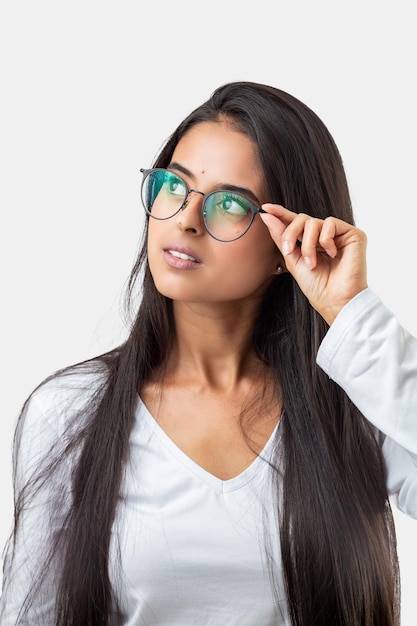 A woman wearing glasses that say'i'm a scientist '