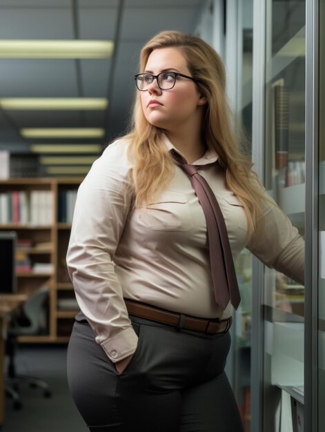 Photo a woman wearing glasses and a tie standing in front of a bookshelf