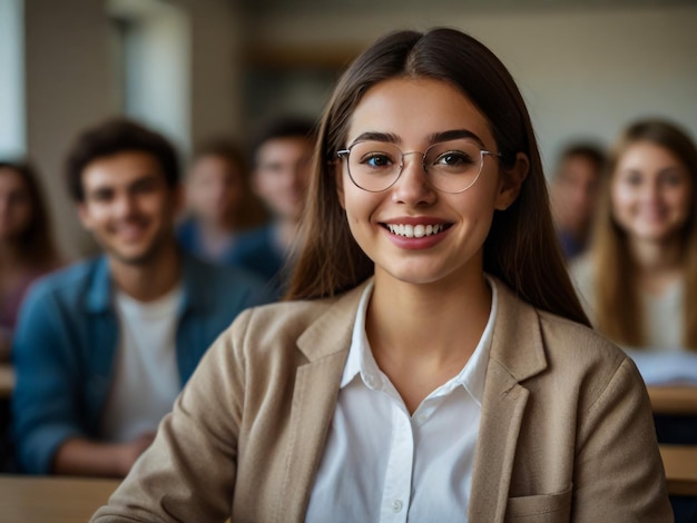 a woman wearing glasses and a white shirt with a group of people behind her