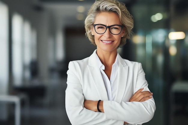 a woman wearing glasses and a white suit