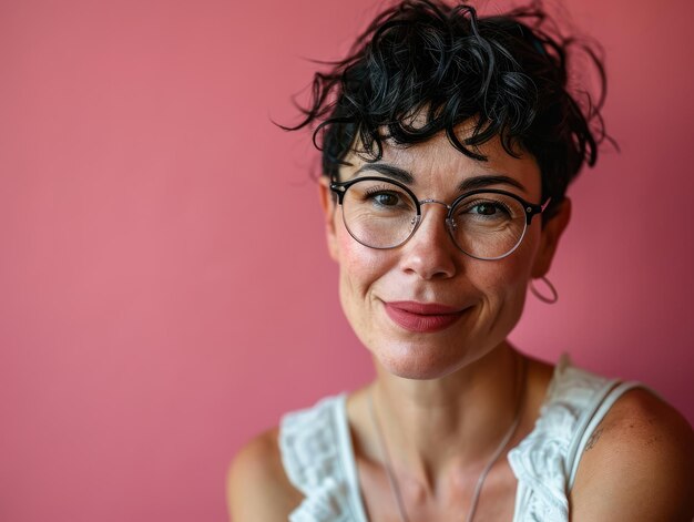 A woman wearing glasses and a white top