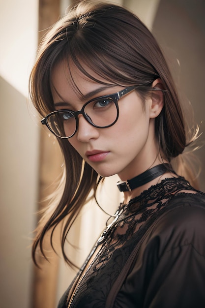 A woman wearing glasses with a black lace top