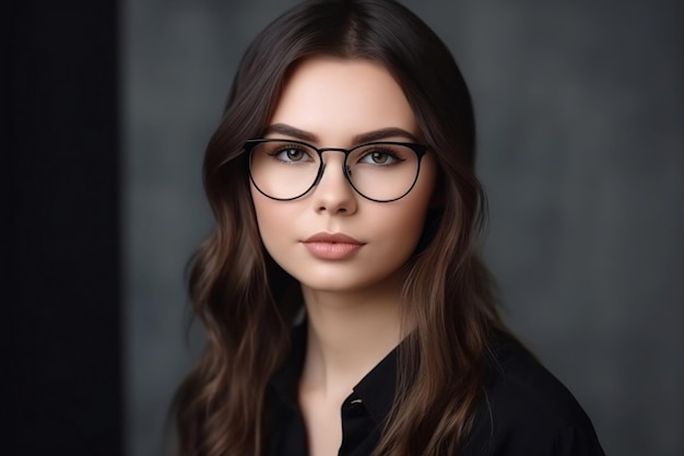 A woman wearing glasses with a black shirt and black shirt.