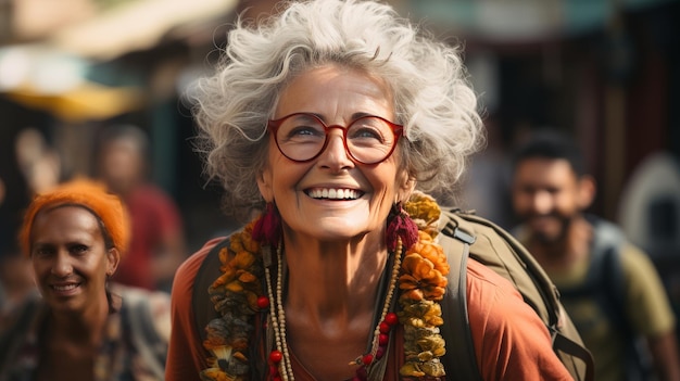 Женщина в очках с цветочной гирландой