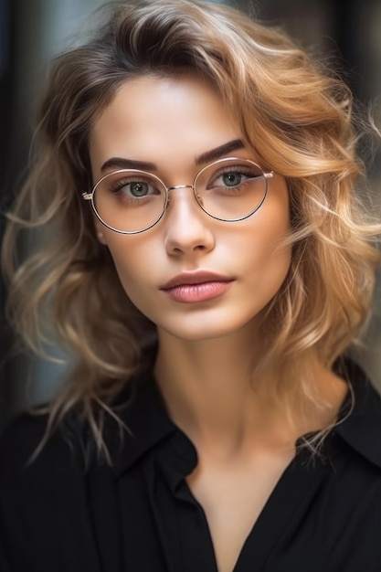 A woman wearing glasses with a gold frame