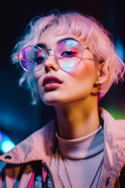 분홍색 렌즈가 달린 안경을 쓰고 앞면에 빛이라는 단어가 있는 여성.