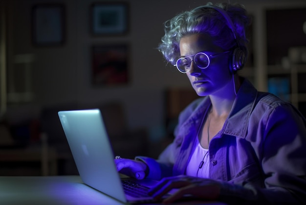 a woman wearing glasses with purple lights on her face is using a laptop