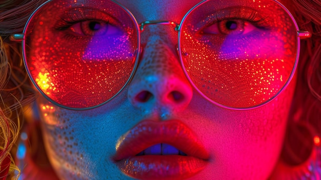 Photo a woman wearing glasses with red and purple lights around her face