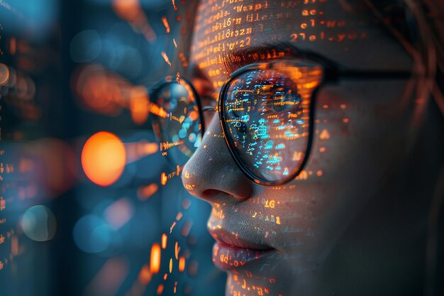 Photo a woman wearing glasses with the word data on it