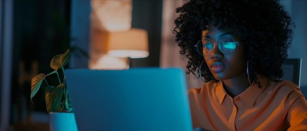 Woman wearing glasses working on laptop