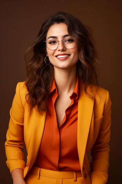 Woman wearing glasses and yellow jacket smiling at the camera generative ai