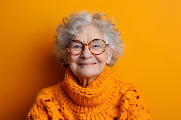 A woman wearing glasses and a yellow sweater with a yellow background is smiling at the camera with