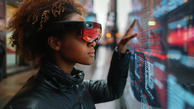 a woman wearing goggles and a black jacket is looking at a window