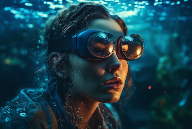 Женщина в очках и маске находится под водой.