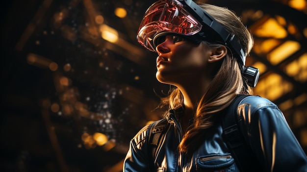 woman wearing goggles in virtual helmet