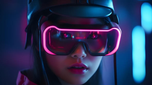 A woman wearing goggles with pink lenses