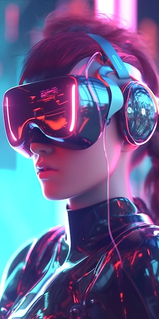 A woman wearing goggles with the word vr on the side