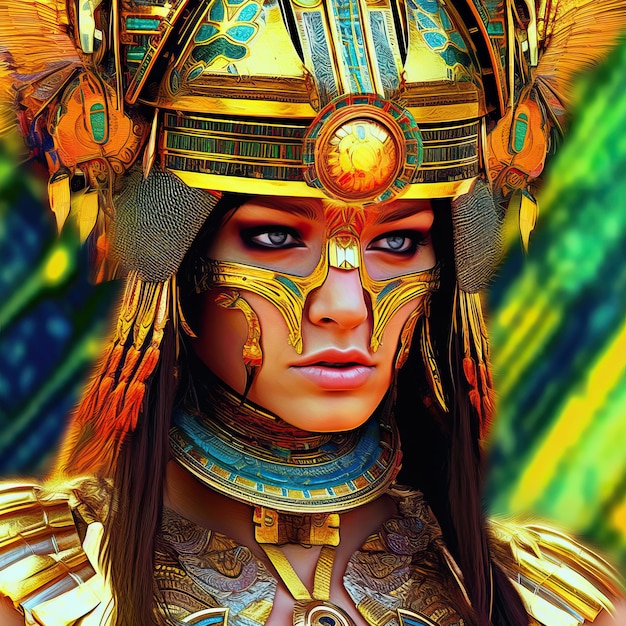 A woman wearing a gold and blue garment