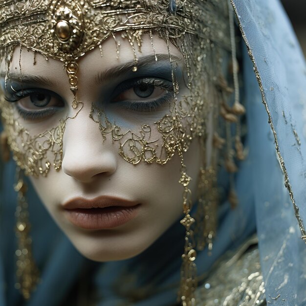 a woman wearing a gold and blue headdress