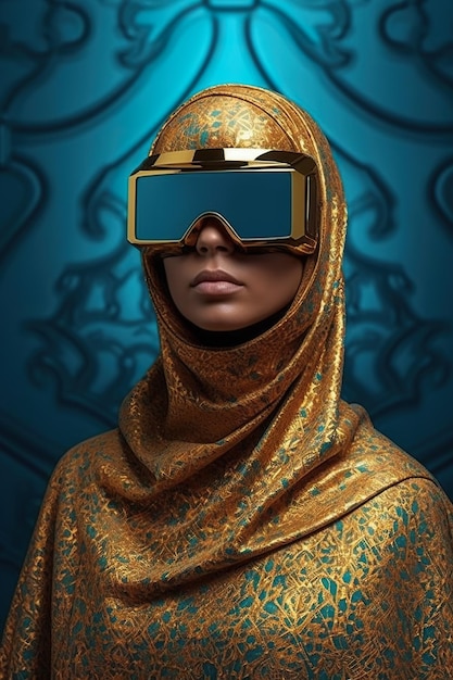 A woman wearing a gold and blue scarf and vr virtual reality glasses generative ai image