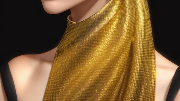 A woman wearing a gold dress with a gold scarf