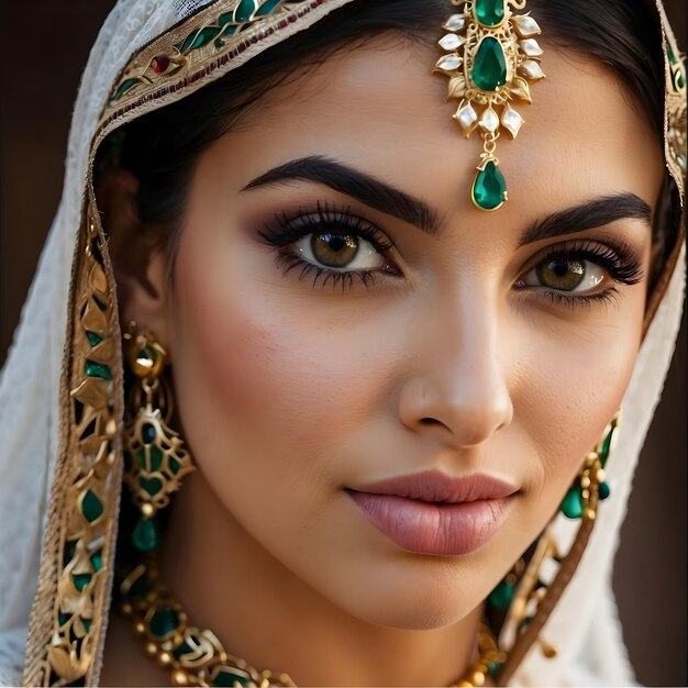 A woman wearing a gold headpiece with green gems is looking to her leftShe has earrings in her ears