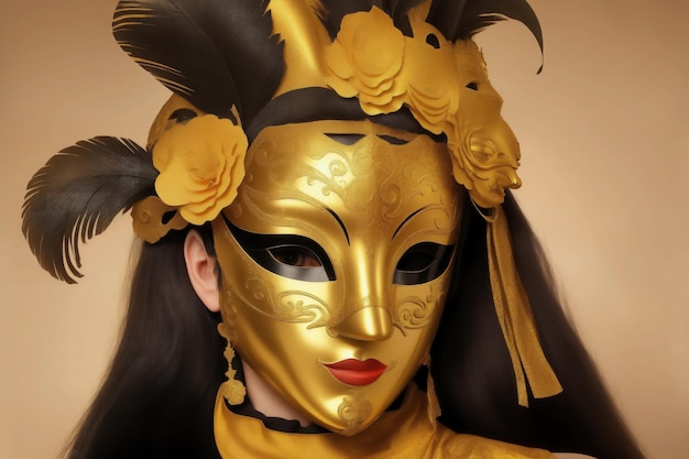 A woman wearing a gold mask with black feathers and flowers on the front.