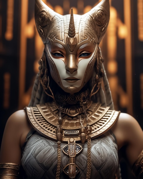 A woman wearing a gold mask with the word egyptian on it