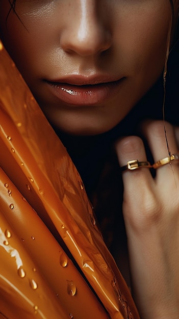 a woman wearing a gold ring with a gold ring on it