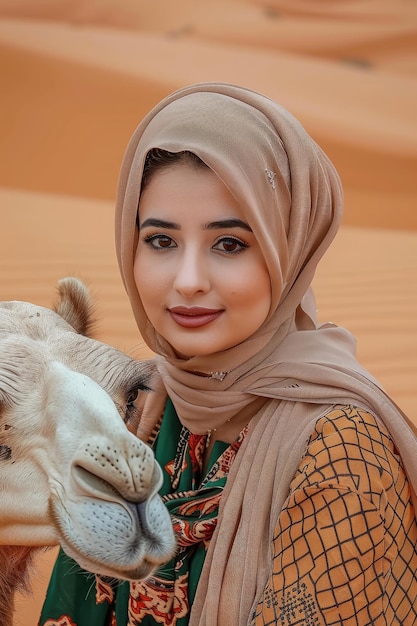 A woman wearing a gold scarf and a green dress is standing next to a camel