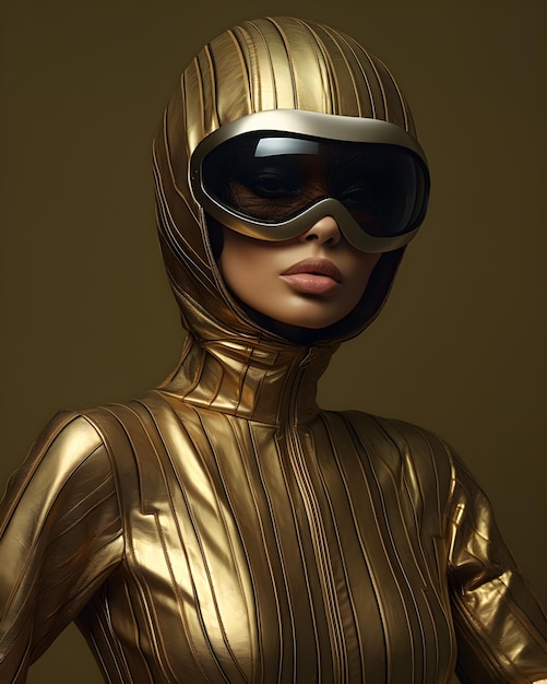 A woman wearing a gold suit and sunglasses