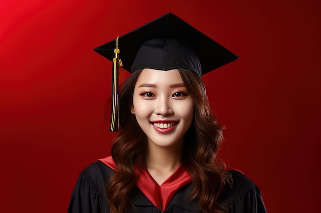 A woman wearing a graduation cap and gown with a red background.