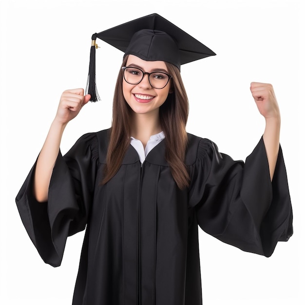 졸업 모자와 졸업이라는 단어가 적힌 가운을 입은 여성.
