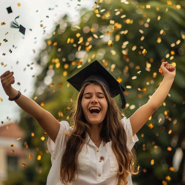 Photo a woman wearing a graduation cap and a graduation cap is celebrating