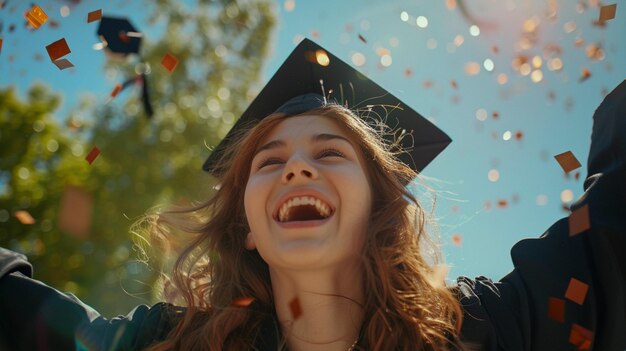 Photo a woman wearing a graduation cap and a graduation cap with confetti flying in the background