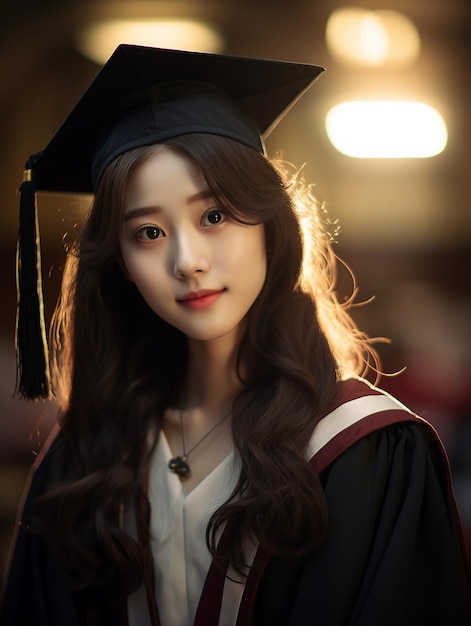 Woman wearing graduation gown and cap