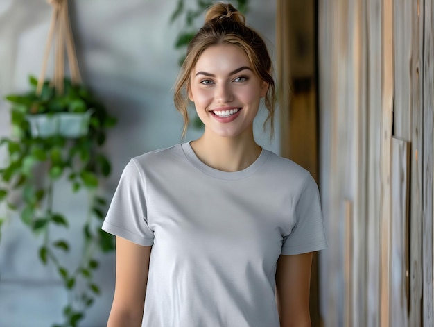 A woman wearing a gray t shirt is smiling