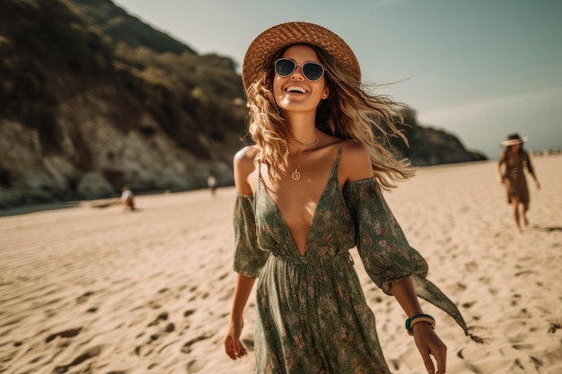 A woman wearing a green dress and hat walks on a beach.