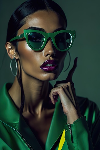 A woman wearing green glasses with a green cover that says " green ".